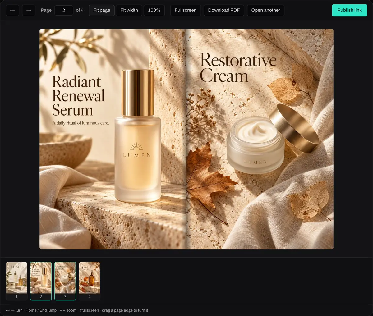 The four-page Lumen Autumn Collection 2026 skincare catalogue turning in the Flipbook Publisher. Drag or click an edge to turn a page yourself.