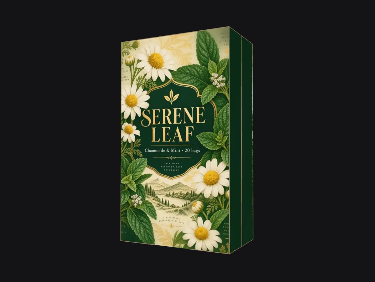 A 70 by 40 by 120 millimetre Serene Leaf chamomile tea carton with a floral label, folded in the live 3D viewport of the 3D Mock-up Generator.